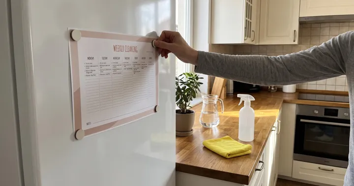 Weekly cleaning schedule printed on a page held to a white kitchen fridge by magnets, with a spray bottle and a folded cloth on the counter beside it