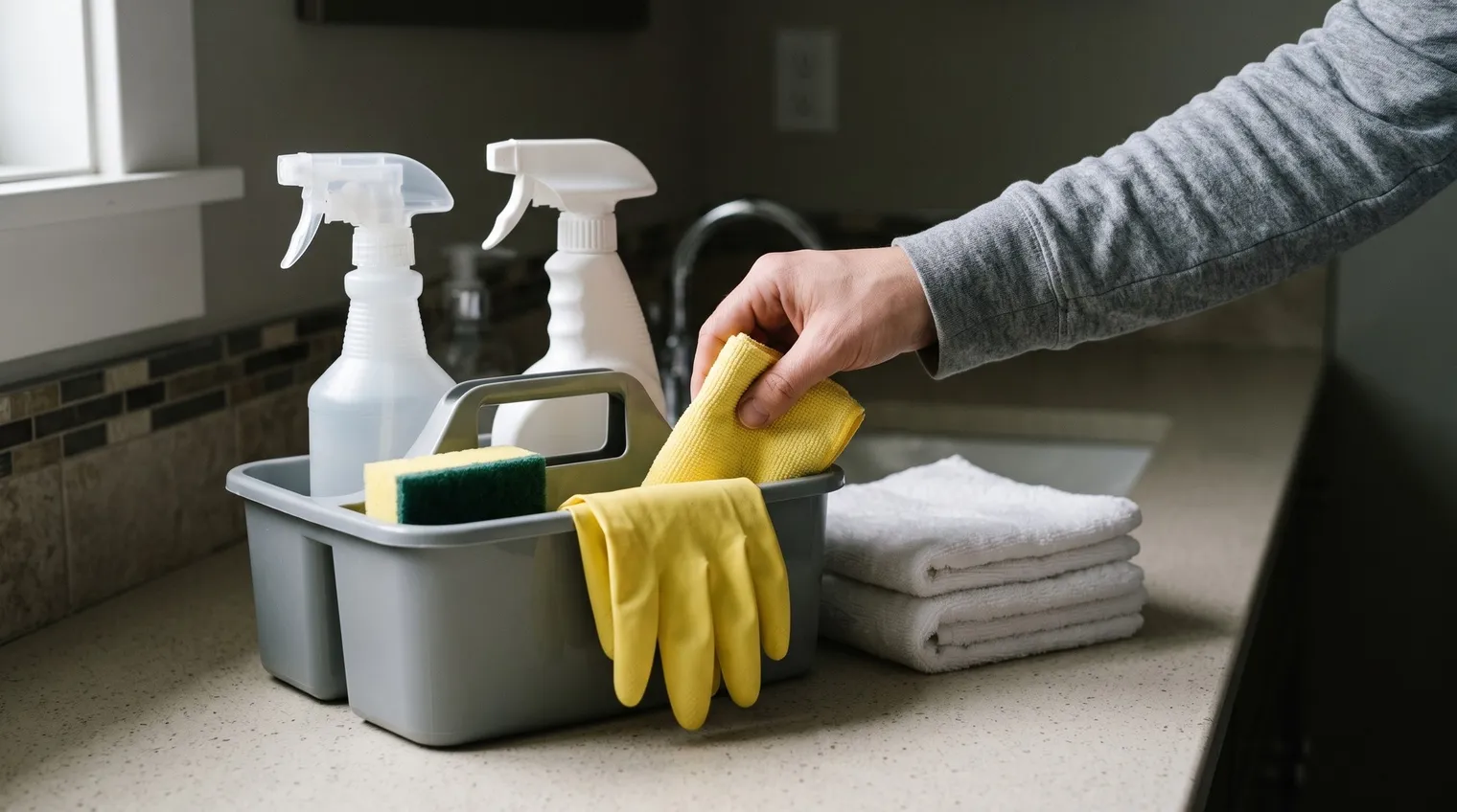 Cleaning caddy on a bathroom counter with two spray bottles, a sponge, yellow rubber gloves and a folded towel while a hand picks up a yellow cloth