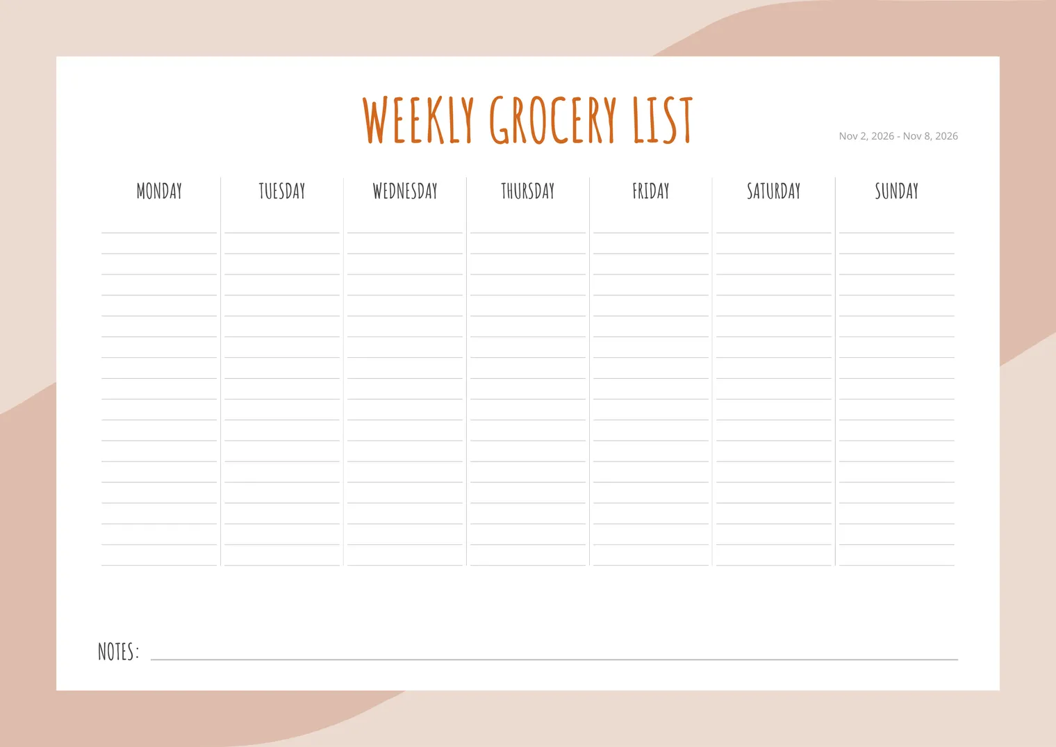Blank weekly grocery list printable with seven lined columns from Monday to Sunday and a notes line at the bottom