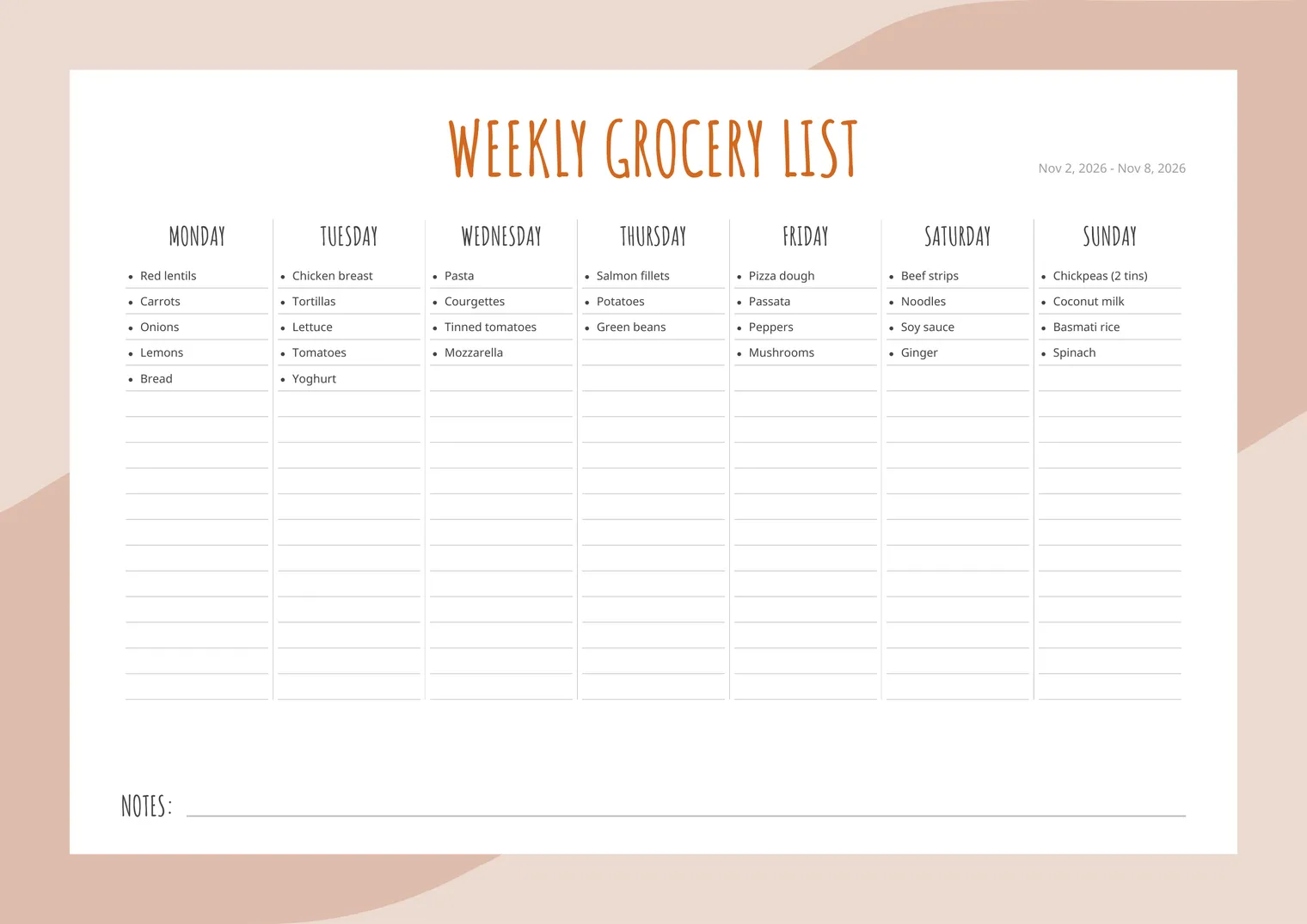 Weekly grocery list with the ingredients for each dinner written in the column for that night, from red lentils on Monday to chickpeas on Sunday