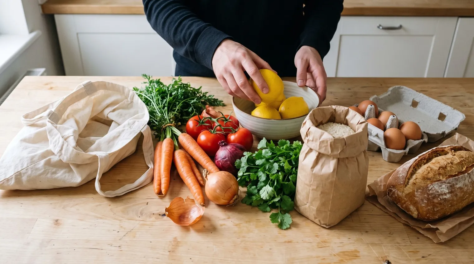 Fresh groceries unpacked on a wooden kitchen counter: carrots, tomatoes, onions, lemons, coriander, eggs, rice, a loaf of bread and a cloth tote bag