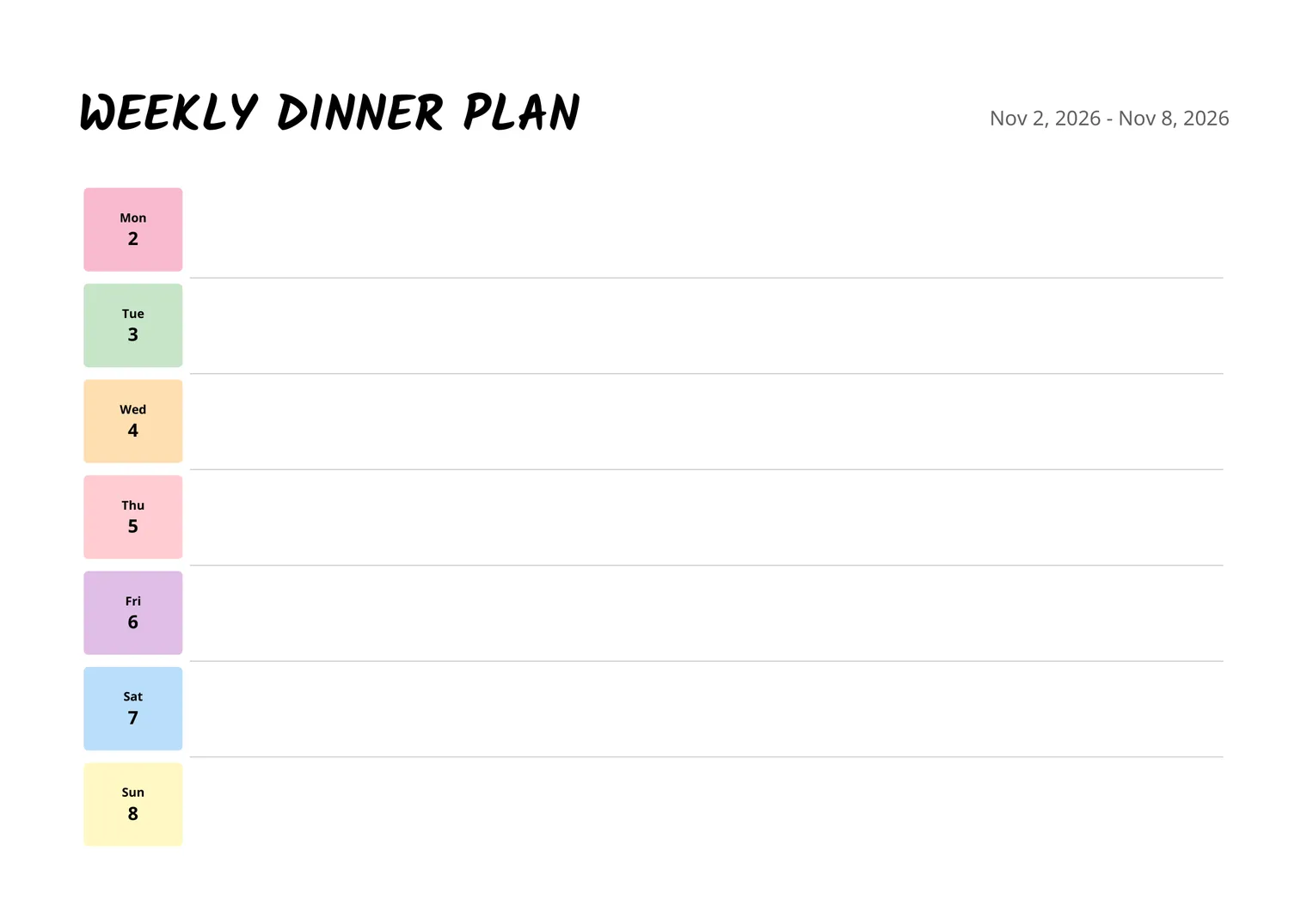 Blank weekly dinner plan printable with a coloured date tab and a long writing line for each day from Monday to Sunday