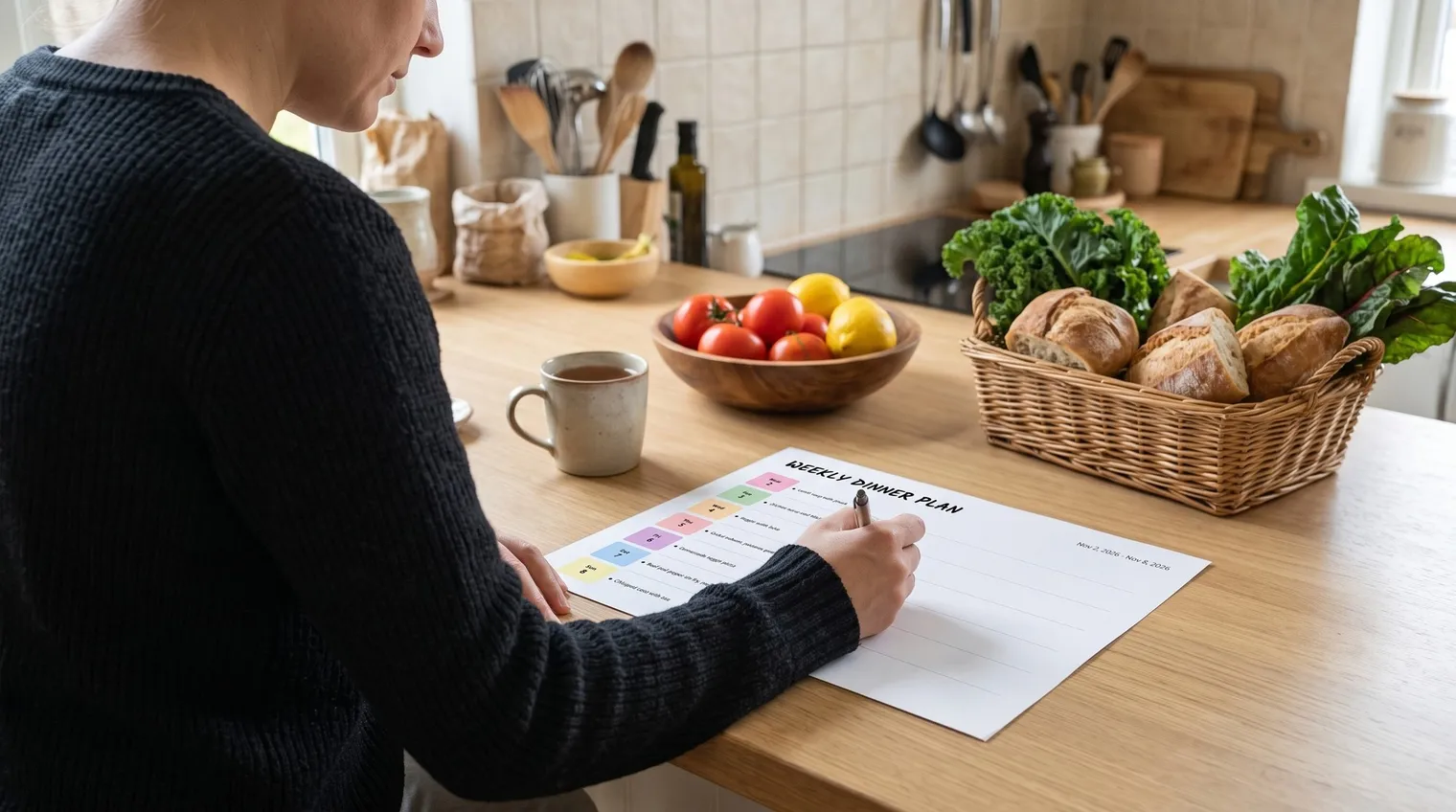 Person in a dark sweater writing on a printed weekly dinner plan on a wooden kitchen counter, with a mug of tea, a bowl of tomatoes and lemons and a basket of bread and greens