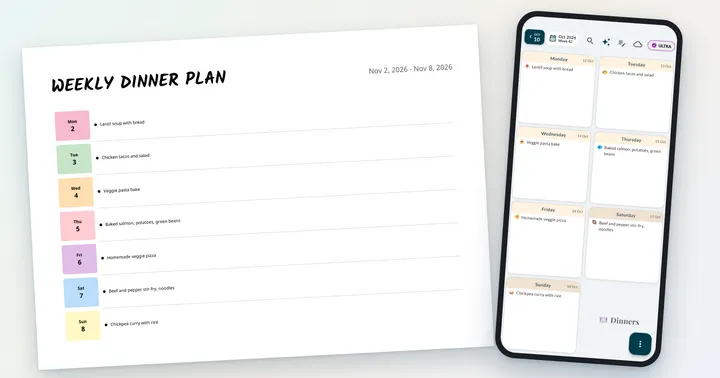 Printed weekly dinner plan with a coloured tab for each day next to a phone showing the same seven dinners in the Weeklo planner app