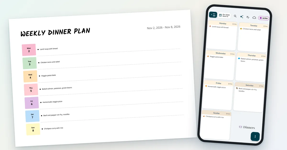 Printed weekly dinner plan with a coloured tab for each day next to a phone showing the same seven dinners in the Weeklo planner app