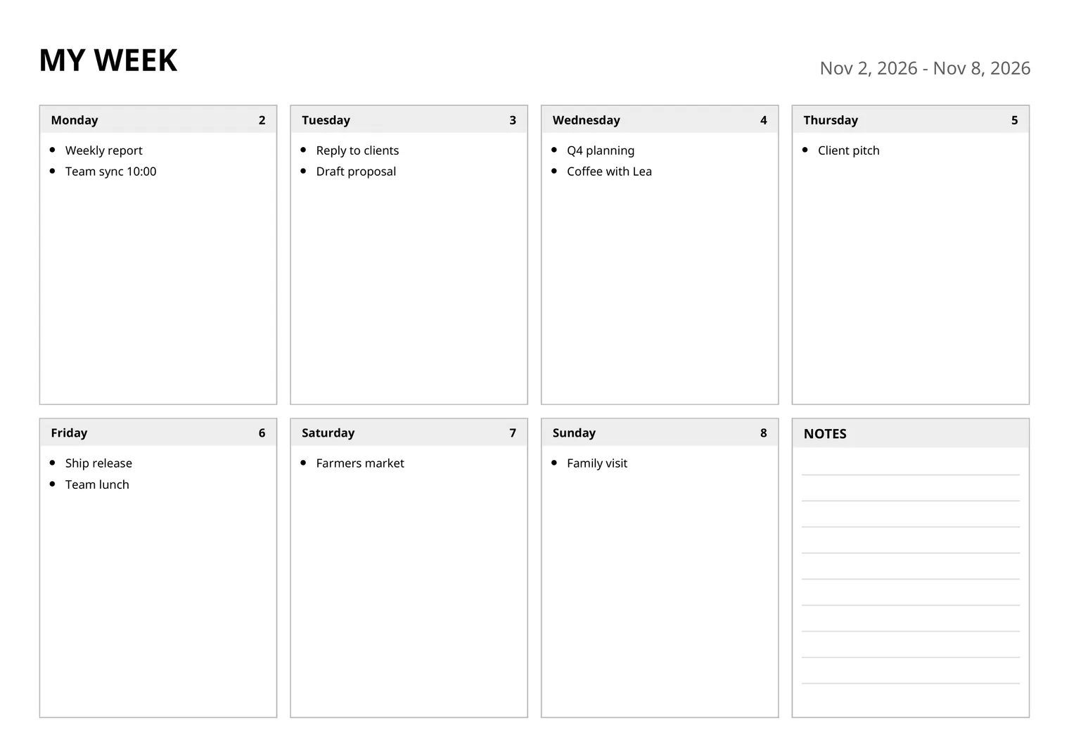 Minimalist weekly planner page printed with a planned work week: weekly report, team sync, client pitch, release and a family visit