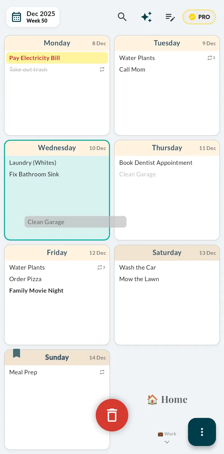Weeklo weekly planner showing Monday to Sunday as cards, with a task being dragged from Thursday to Wednesday