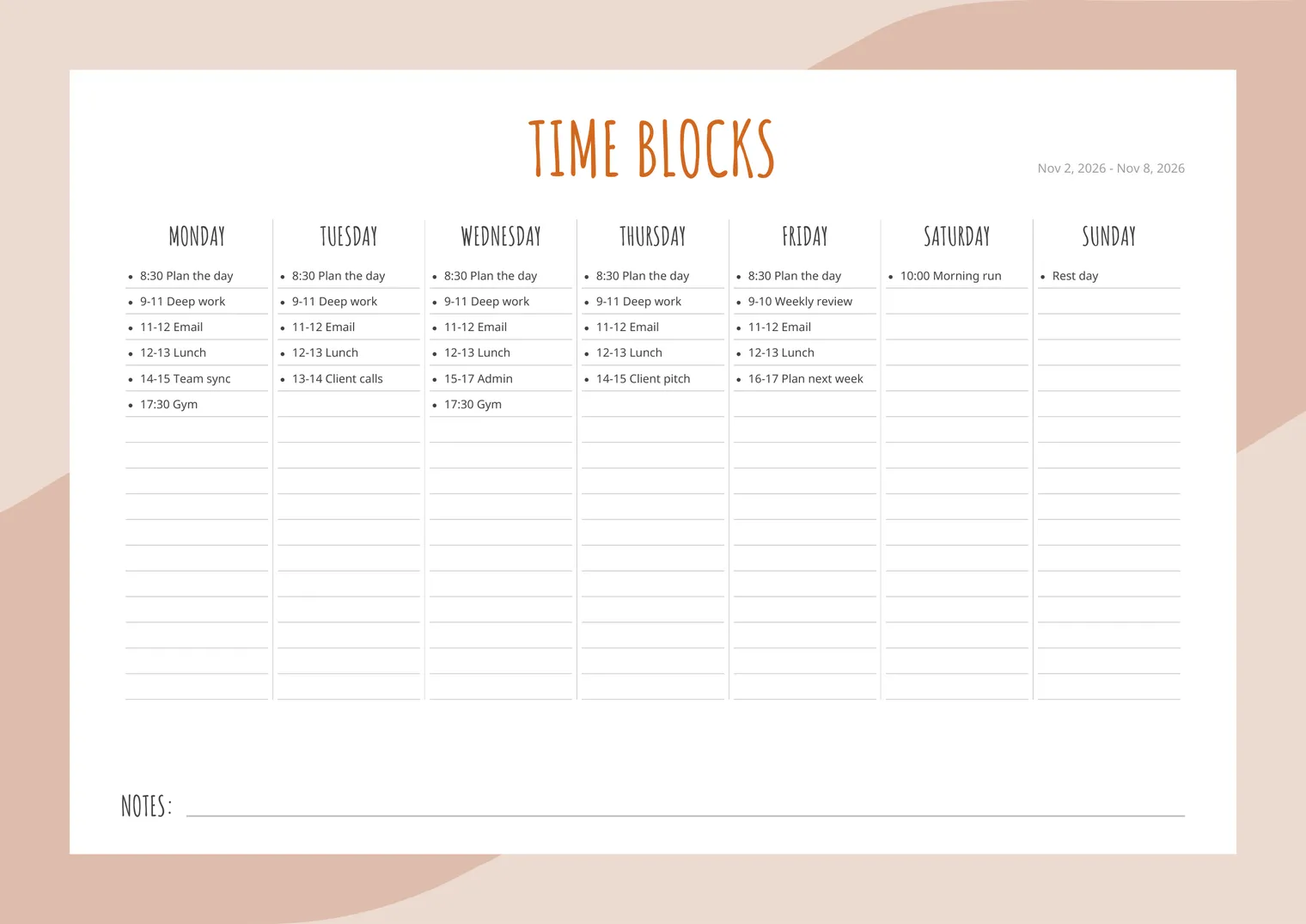 Weekly time blocking template filled in with plan-the-day, deep work, email, lunch, meetings and gym blocks for each weekday