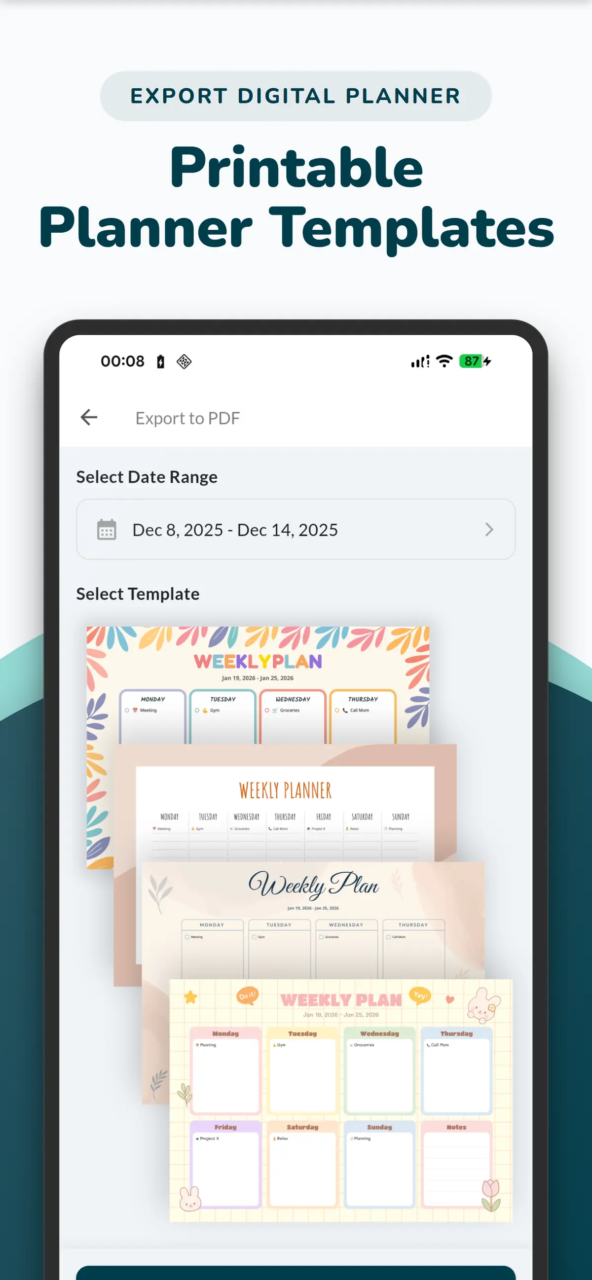 Export Weeklo to Printable Weekly Planner PDF and Daily Schedule